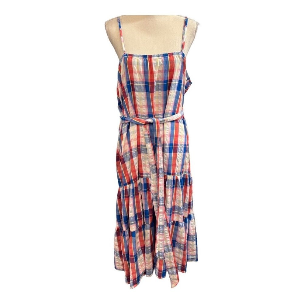 Peyton & Parker Sundress Red Blue Plaid Tiered Midi Tie Waist Patriotic Summer‎
